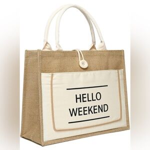 NEW “Hello Weekend” Burlap Jute Natural Beach Tote